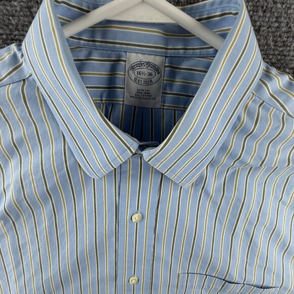 Brooks Brothers 16.5 36 Slim Fit Non Iron Striped Blue Button Up Point Collar - Picture 8 of 16